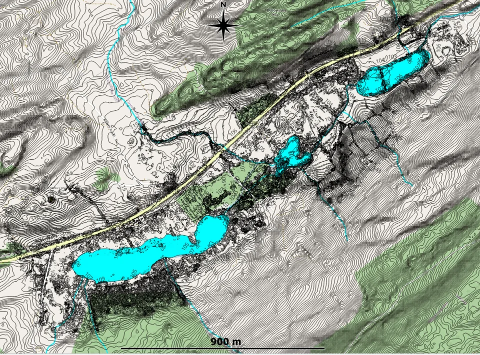 The whole area displaying all 1 metre contours