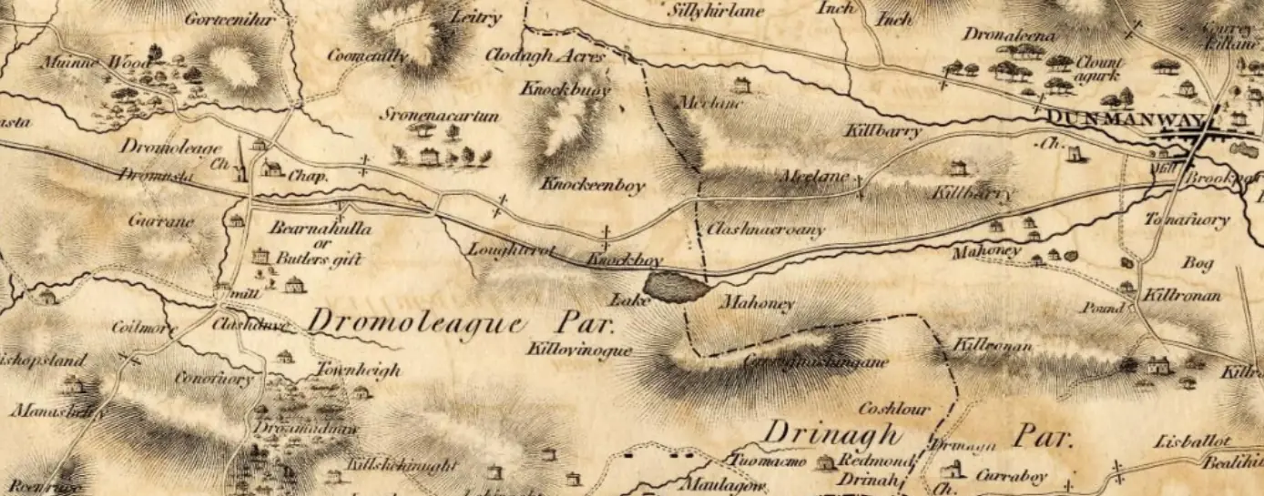 An excerpt from the Grand Jury Map of Cork, surveyed in the 1790s and published in 1811, showing the Three Lakes site in West Cork, Lake Mahoney.