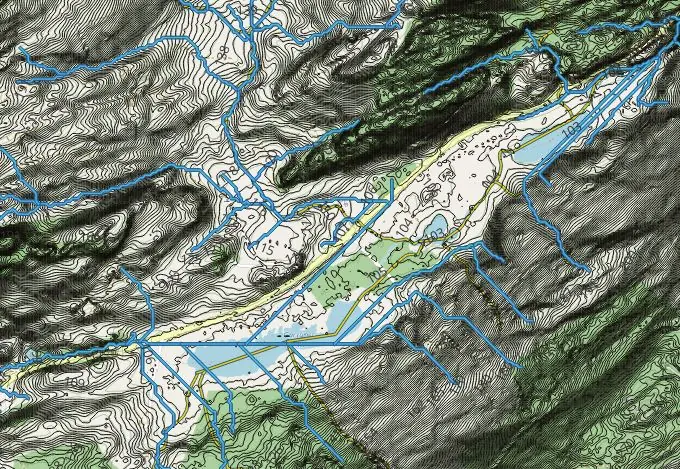Three Lakes catchment modelled showing westward drainage.